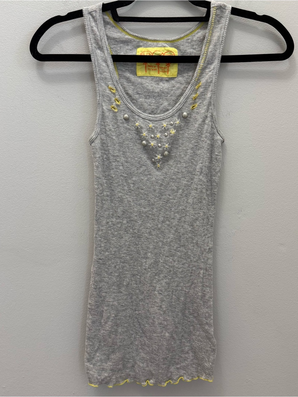 Rare Vintage Free People Gray Tank with Yellow Embroidered Accents & Beaded S